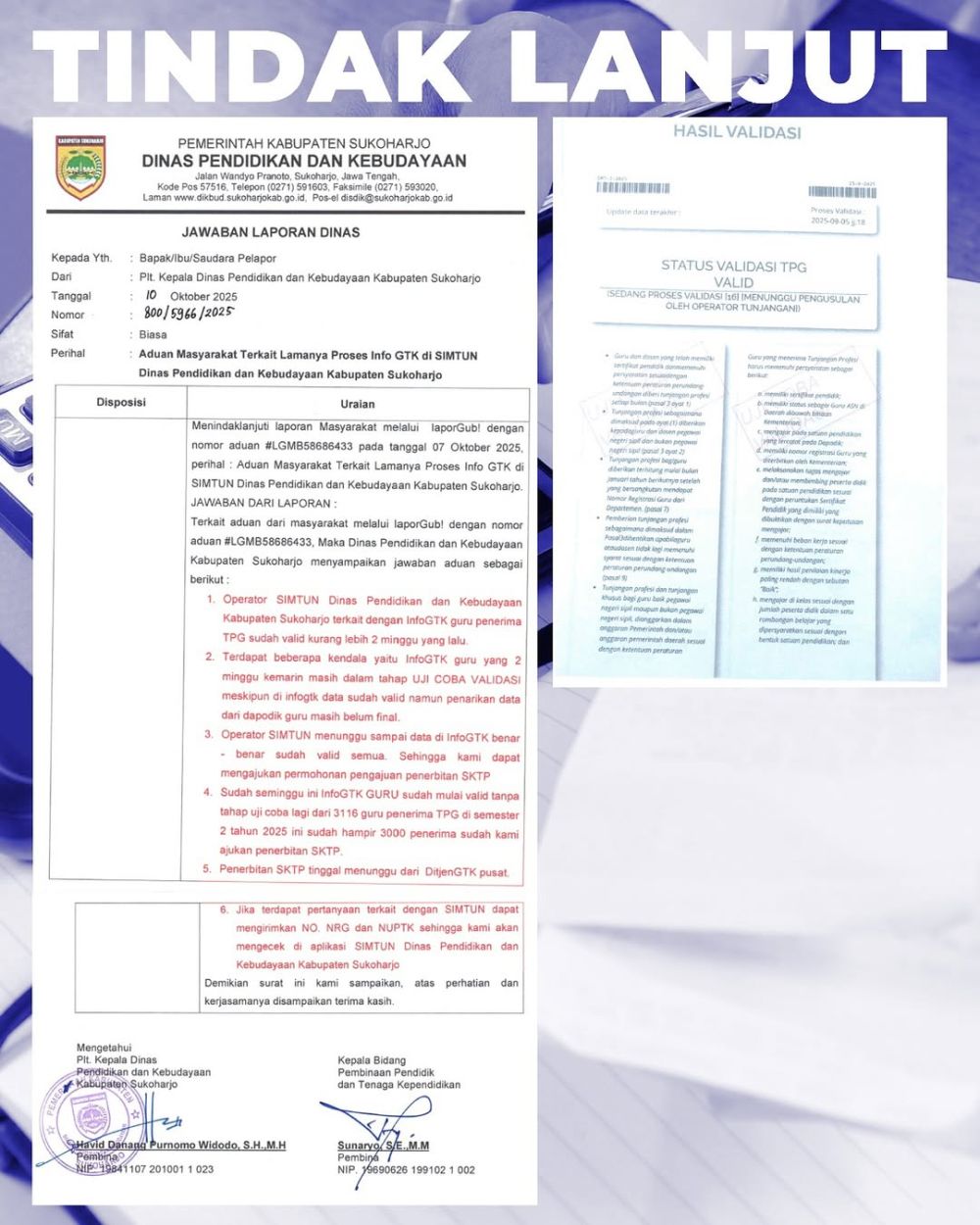 Tindak Lanjut Aduan, Penanganan SIMTUN Guru Sukoharjo