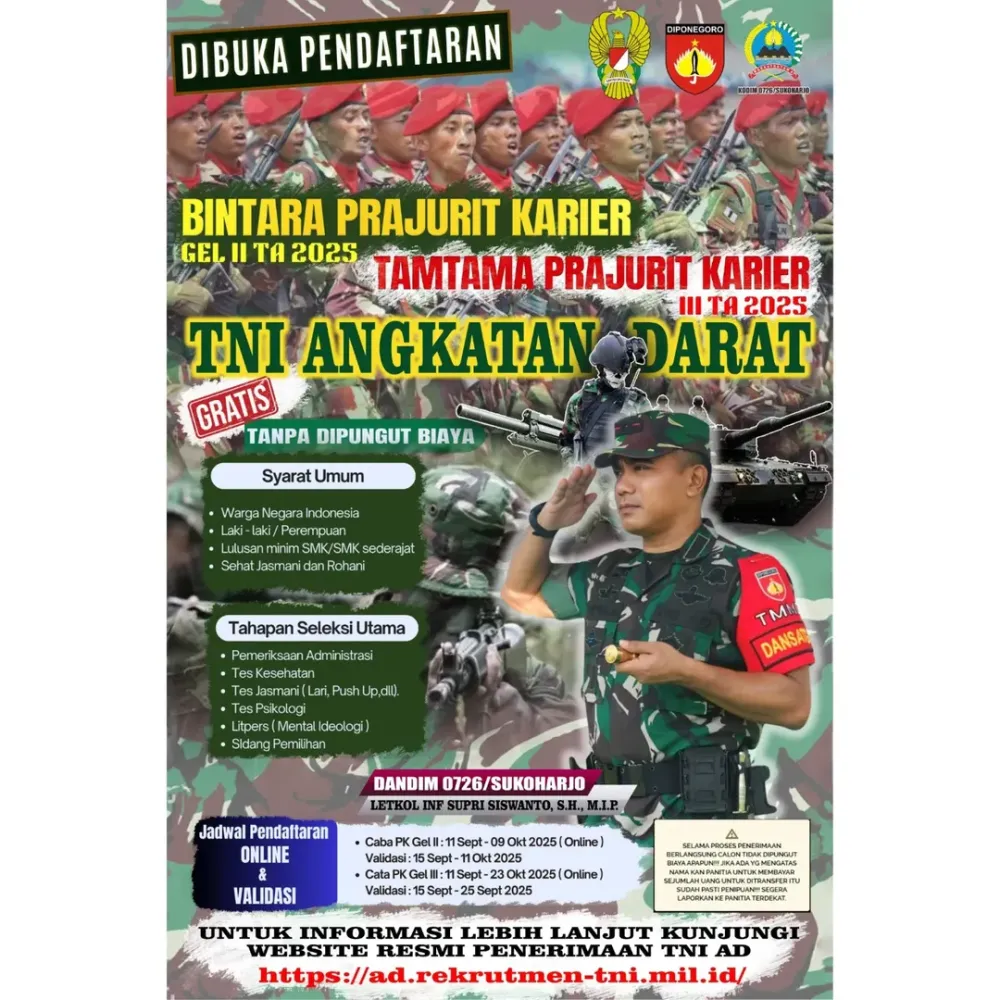 TNI Angkatan Darat Buka Rekrutmen Bintara dan Tamtama Prajurit Karier 2025