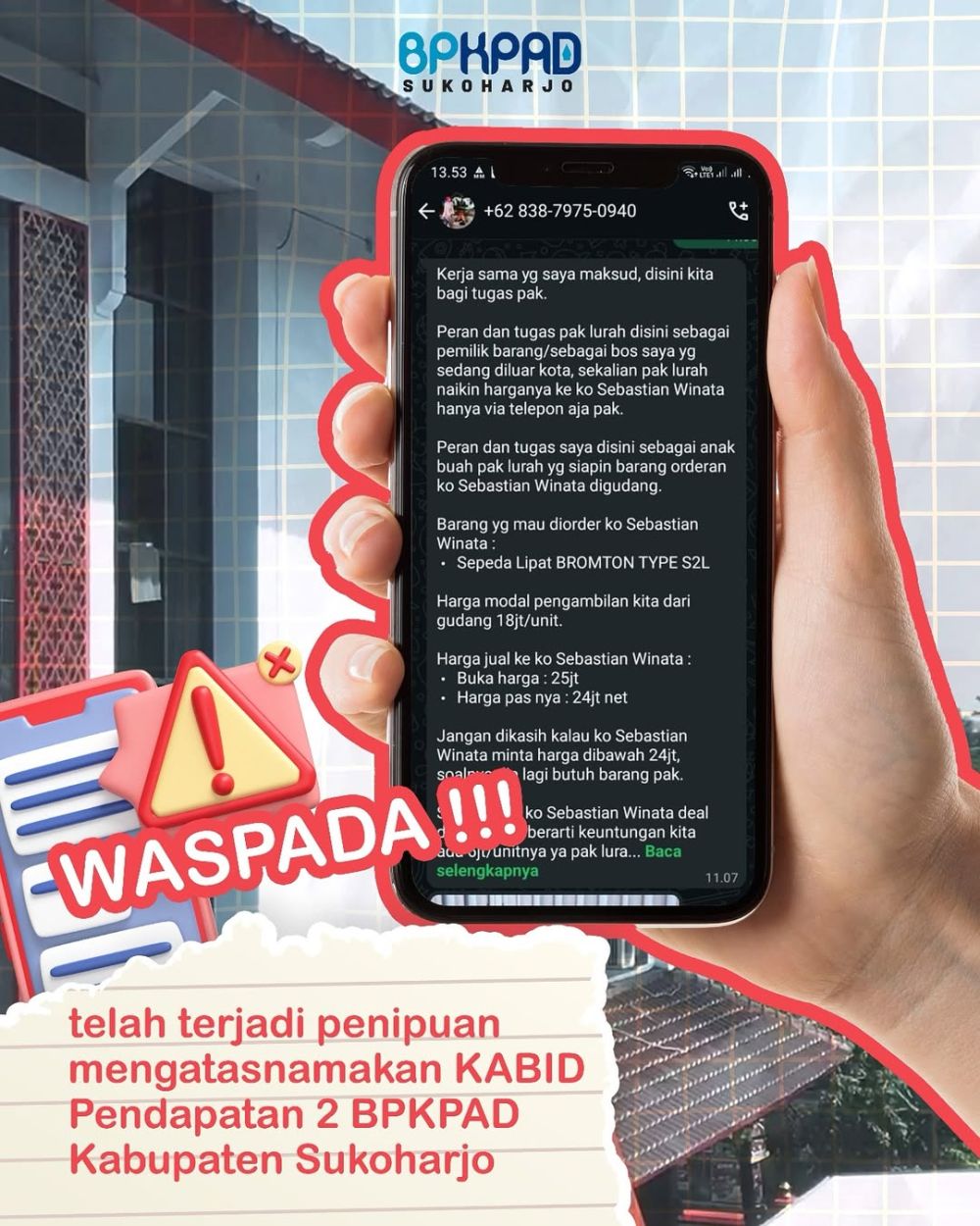 WASPADA PENIPUAN! Oknum Mengatasnamakan BPKPAD Kabupaten Sukoharjo